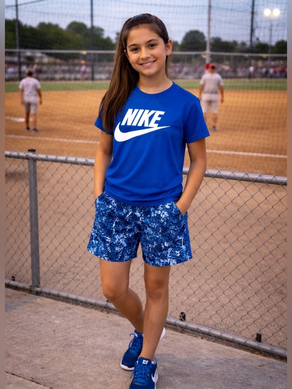 NWT Nike SZ L Blue/white/black abstract patterned athletic shorts/waist 26”-32”
